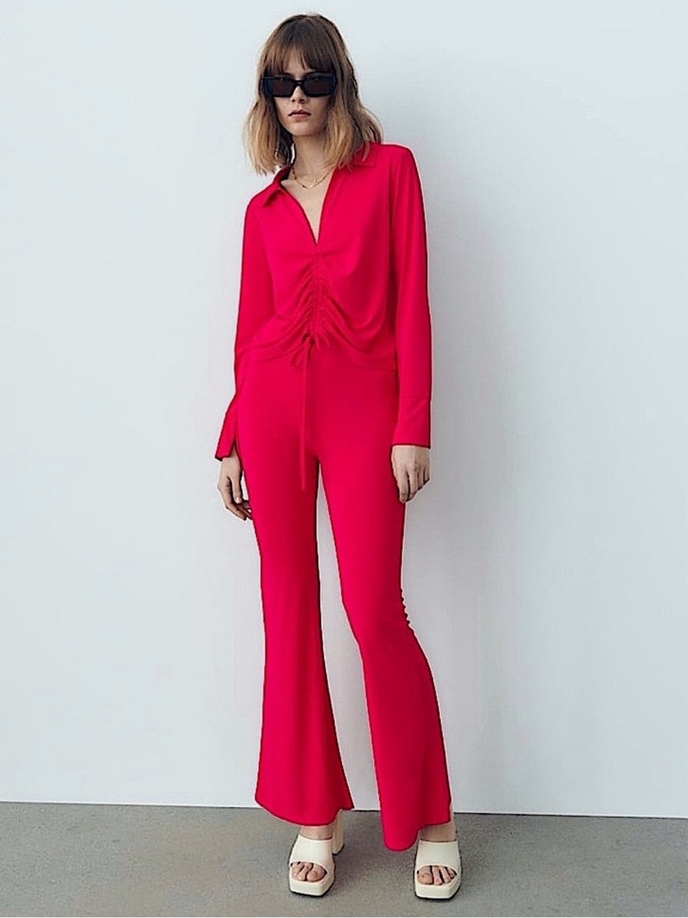 NWOT Zara Two Piece Strawberry Ruched Top and Flared Pants Size Small